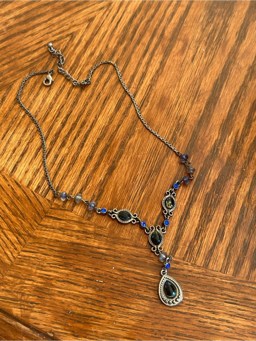 Vintage Avon Gunmetal Blue Rhinestone Y-Drop Necklace